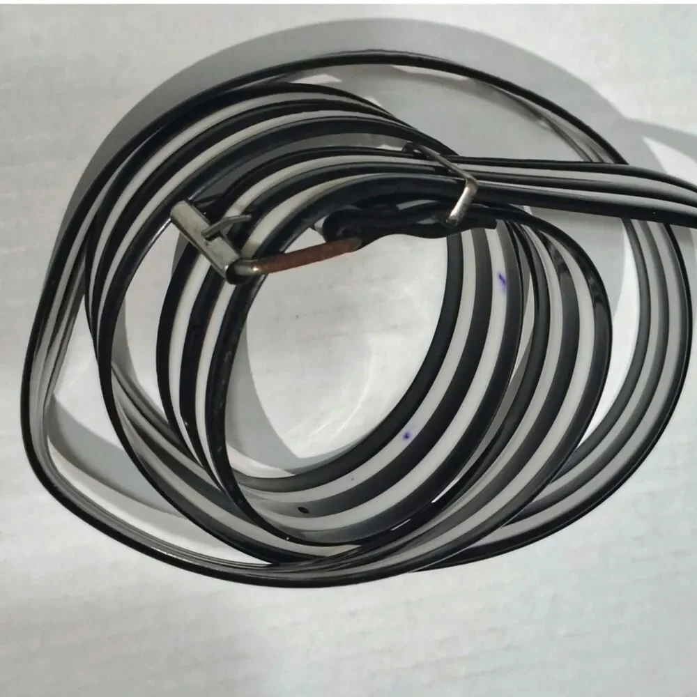 80s Mod Molded PVC Belt Black White Stripes Pull Through Buckle 38 - 40 Inches